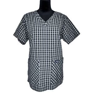LANDAU Blue Green Red White Plaid V-neck Scrub Top Medical Uniform Medium